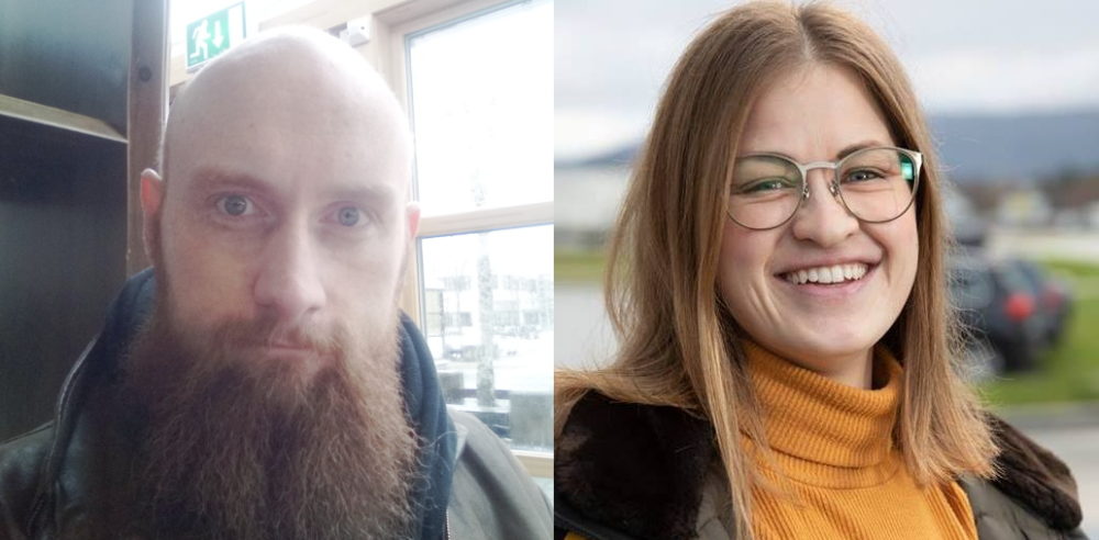 Kollage av to fotografier. Til venstre er foto av en mann med glattbarbert hode og kraftig, rødlig skejgg. Han har på seg en hettejakke og skinnjakke. Han har blå øyne og ser rett i kamera. Til høyre er en kvinne med mørkblondt hår, guloransje pologenser, brun ytterjakke og runde briller som smiler og ser rett i kamera.