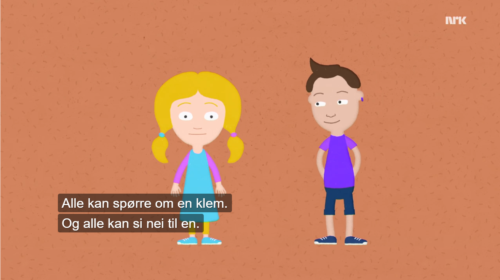 En animert jente med blondt hår og musefletter og en animert gutt med kort, brunt hår står rett opp og ned på en oransje bakgrunn. På skjermbildet er det også tekstet: "Alle kan spørre om en klem. Og alle kan si nei til en."