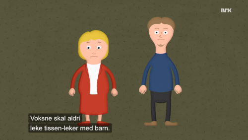 En animert voksen kvinne og voksen mann står ved siden av hverandre rett forfra og ser inn i "kamera" med store øyne og nøytralt/trist uttrykk.