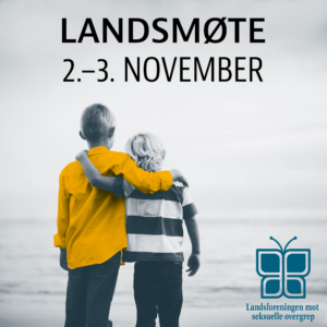 oto av to unge gutter med lyst hår. Gutten til venstre er litt høyere enn den andre, og har armen vennskapelig rundt hans skulder. De står med ryggen til kamera og skuer ut over et tåkebelagt hav. Bildet er i blåaktige gråtoner, men t-skjorta til den høyeste gutten er i gult. Tekst øveerst: "Landsmøte 2.-3. november". Nederst til høyre er logoen til LMSO.